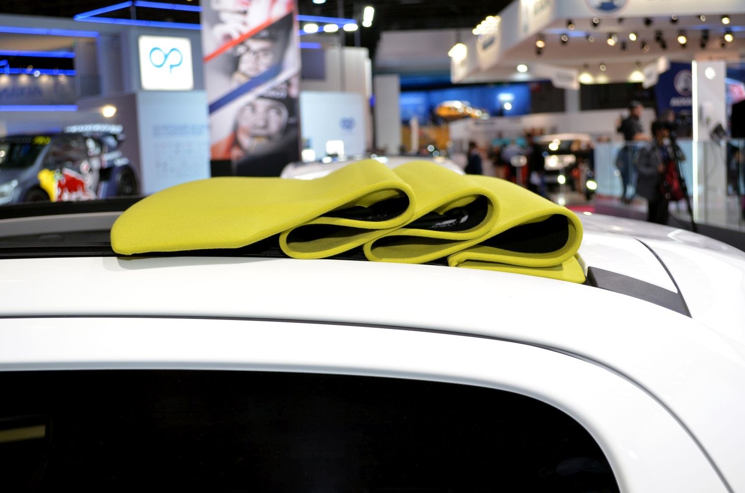 Folded bright fabric convertible roof on modern compact vehicle