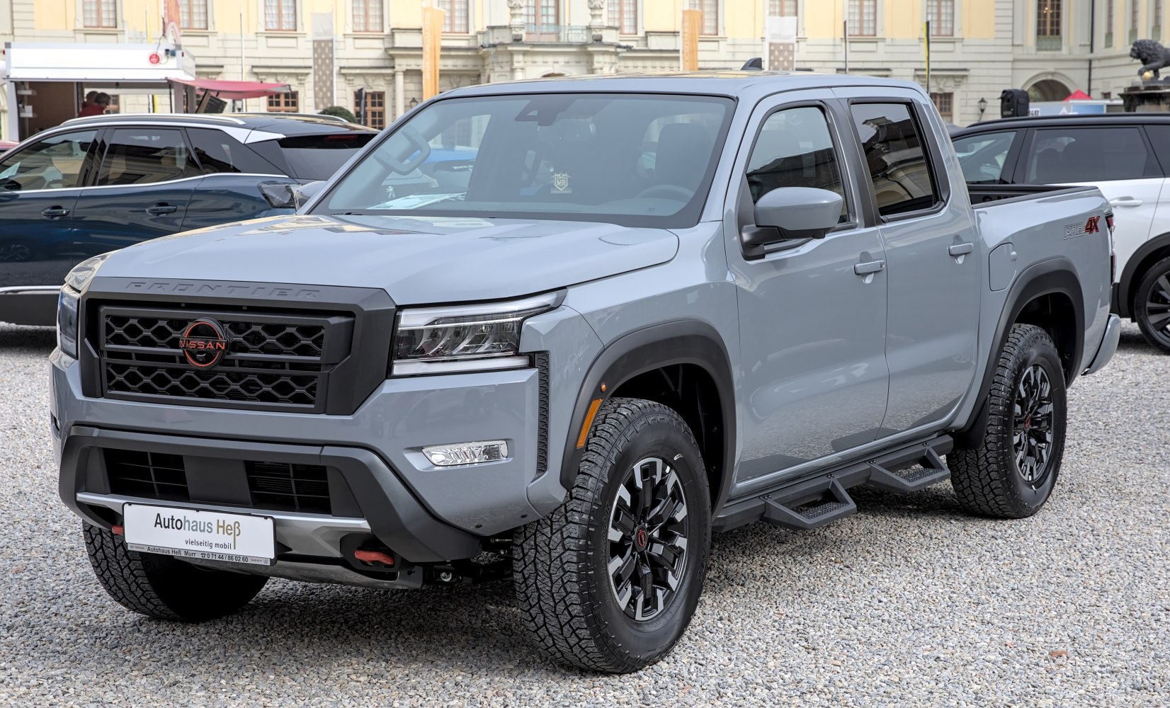 Crew cab pickup with black grille and LED headlights