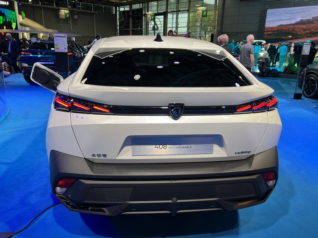 Rear view of crossover with hybrid badge and LED taillights