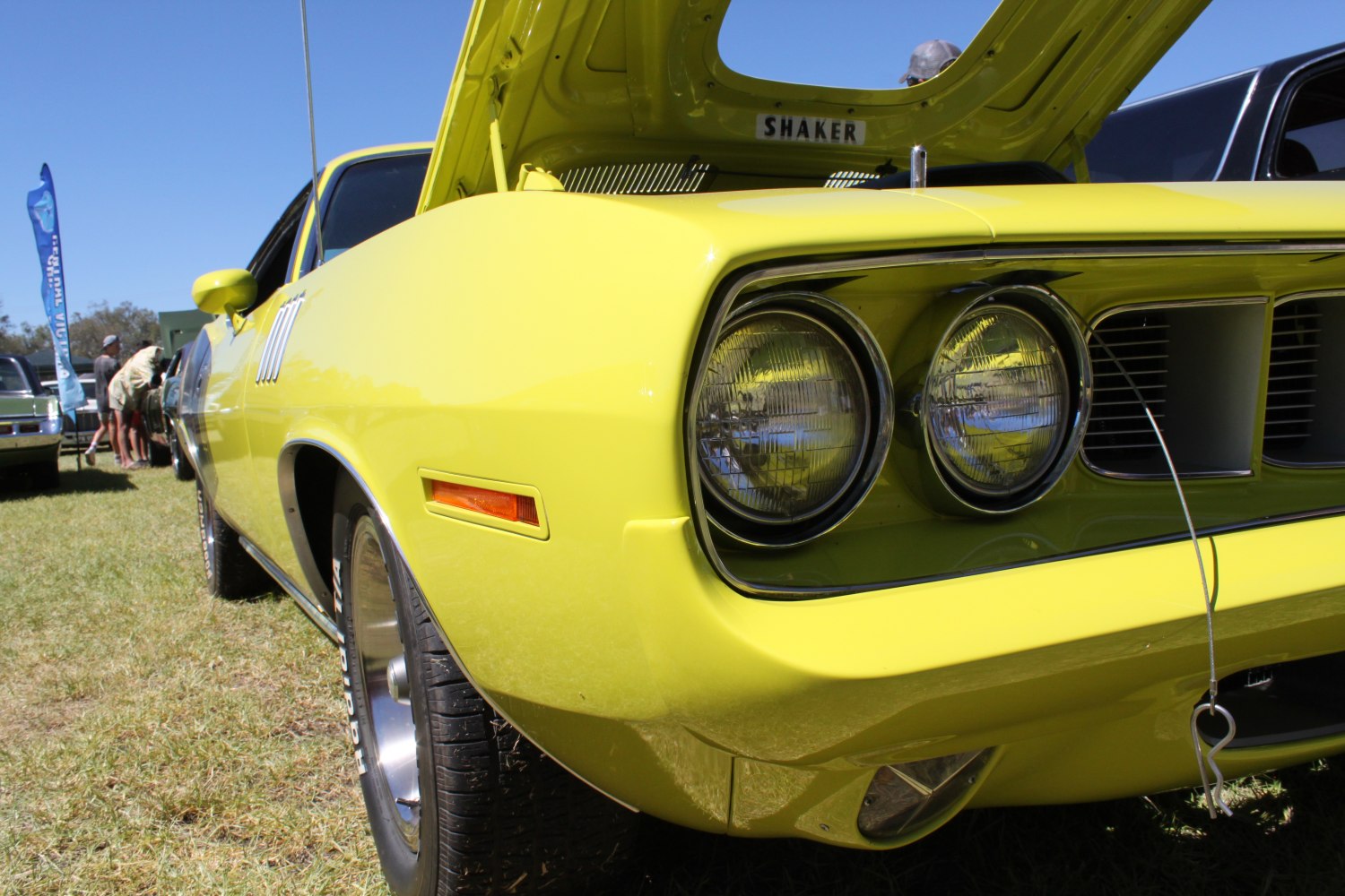 Close-up of bright yellow car front with dual round headlights and shaker hood