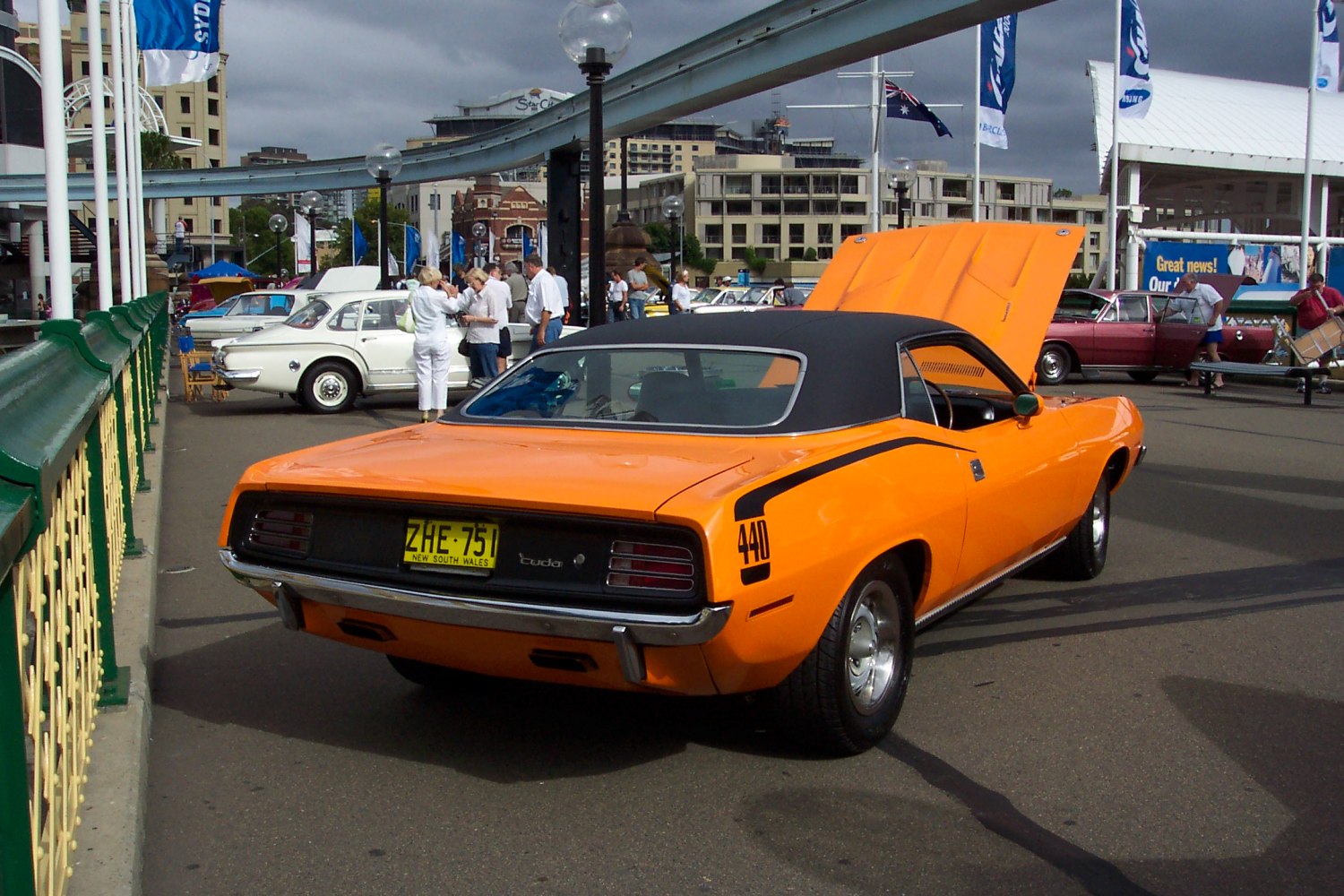 Rear view of muscle car with 440 decal and vinyl roof