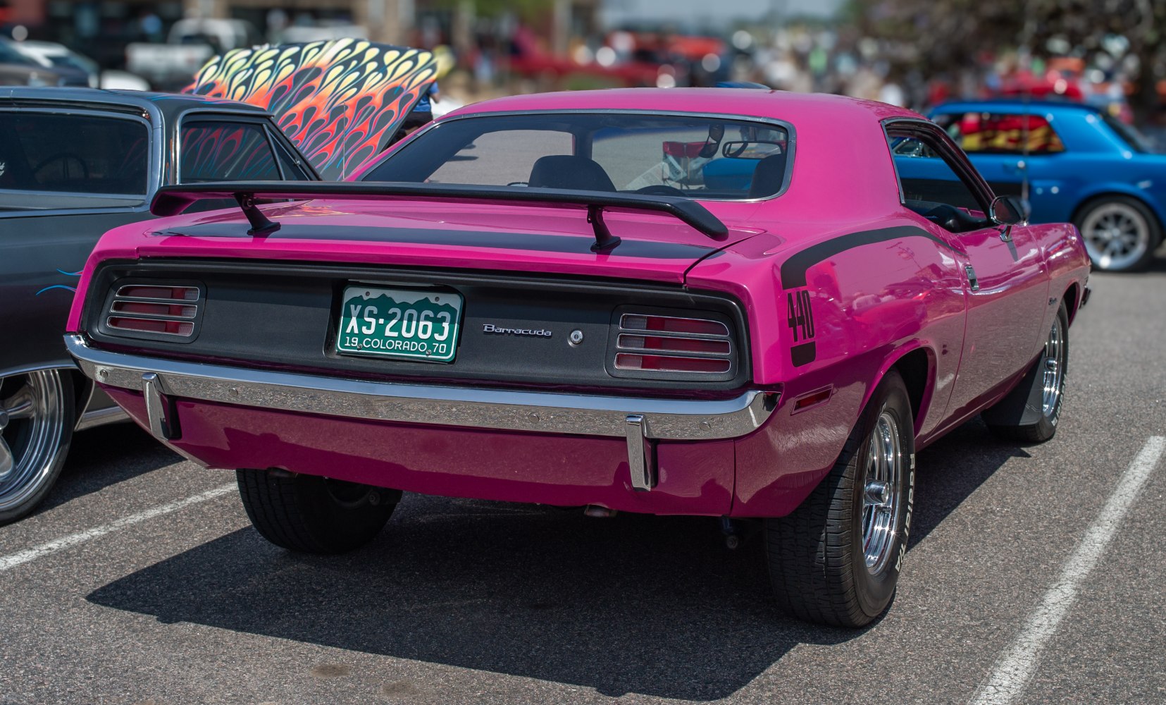 Rear view of muscle car with 440 decal and rear spoiler