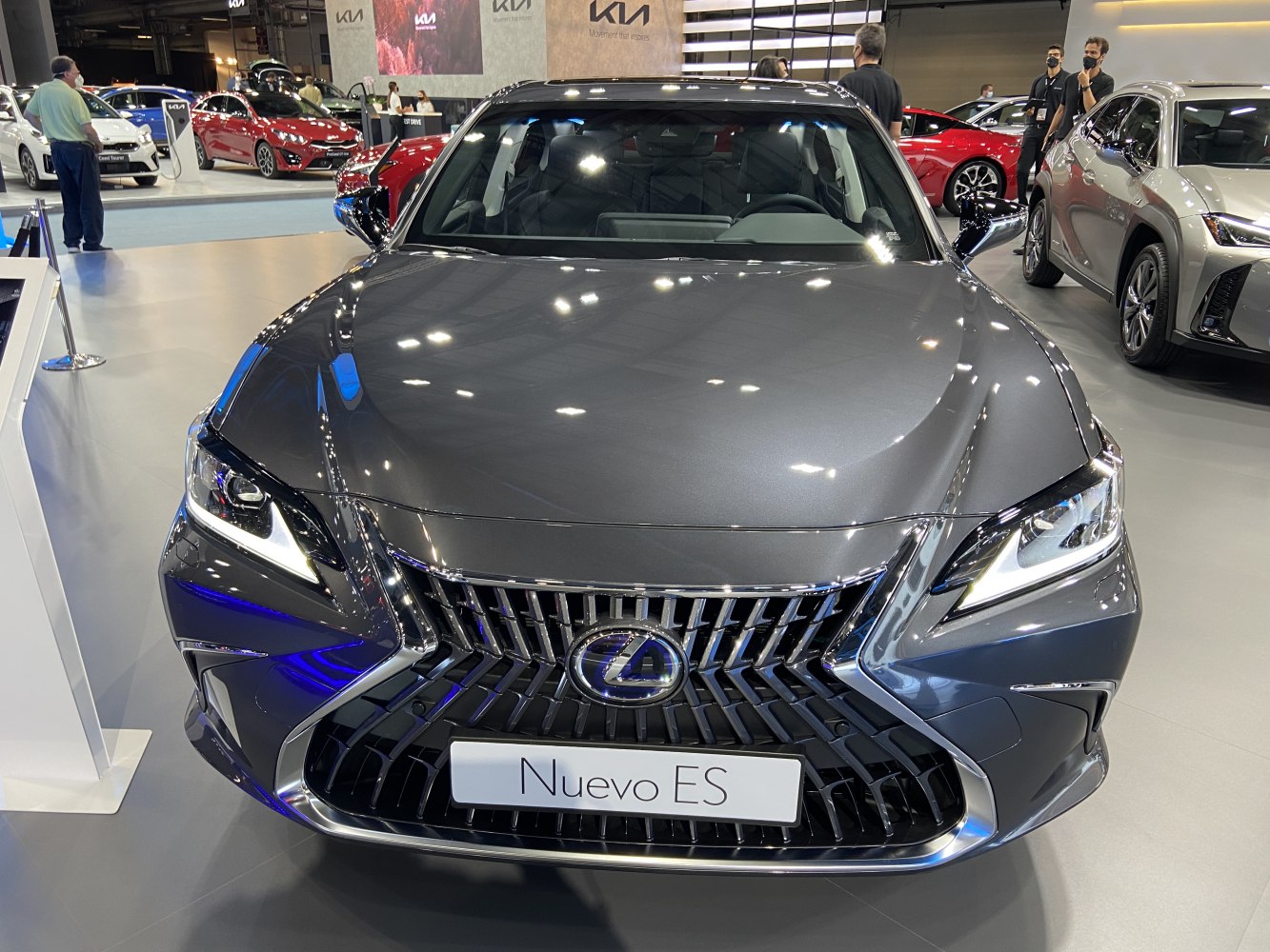 Bold front grille and sharp LED headlights of a luxury sedan