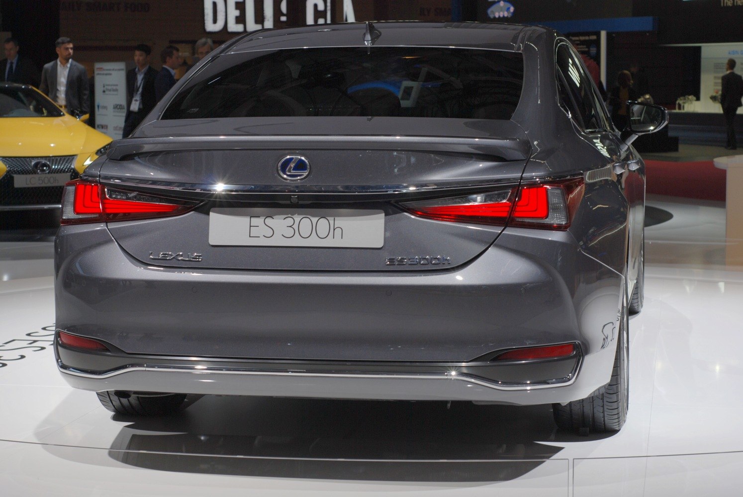 Rear view of hybrid sedan with distinctive taillights and badge
