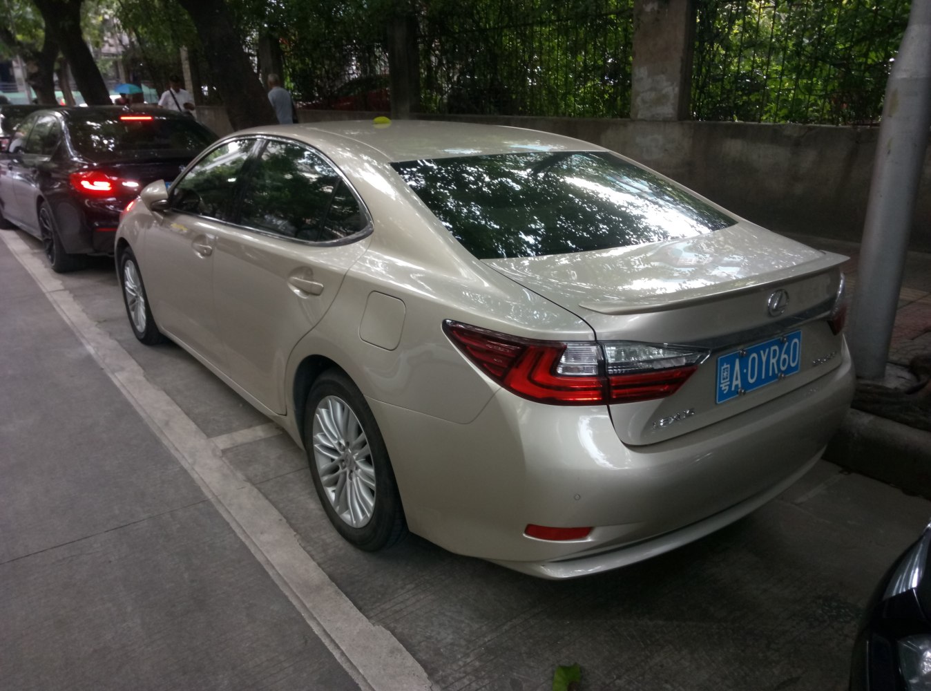 Rear view of a luxury sedan with distinctive taillights and trunk spoiler