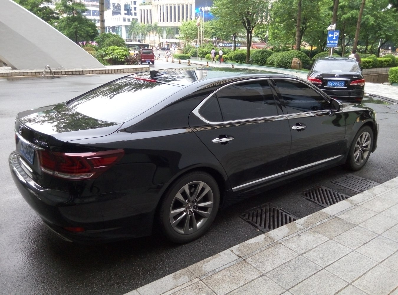 Rear-side profile of a luxury extended wheelbase sedan with chrome trim and tinted windows.
