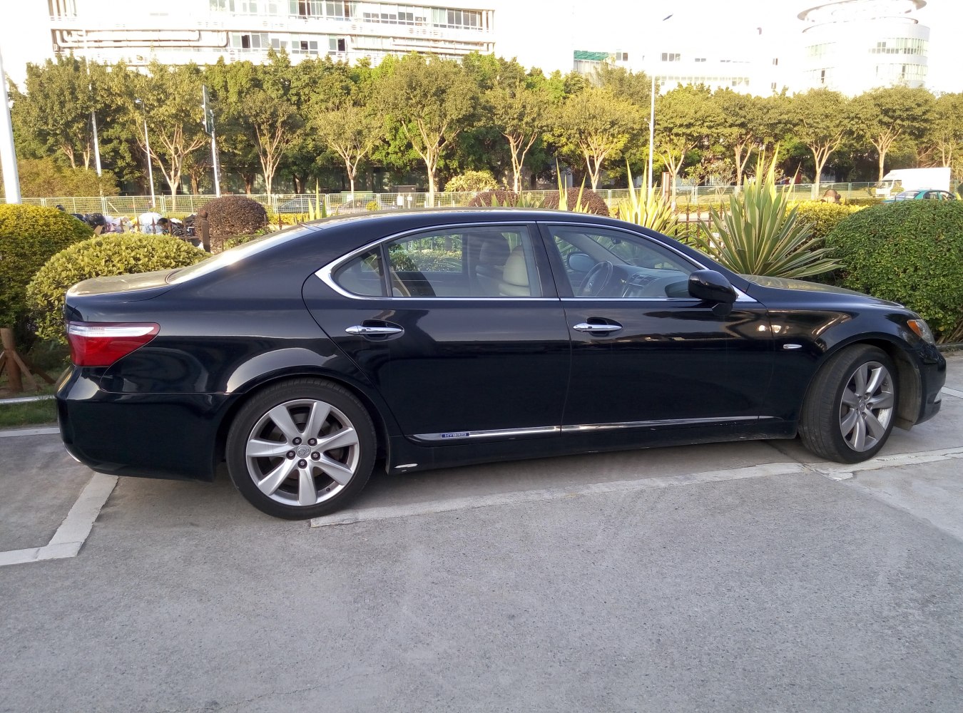 Side profile of a luxury hybrid sedan with alloy wheels
