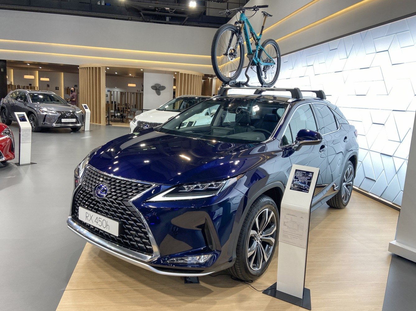 Lexus RX IV facelift with roof bike rack and mounted bicycle