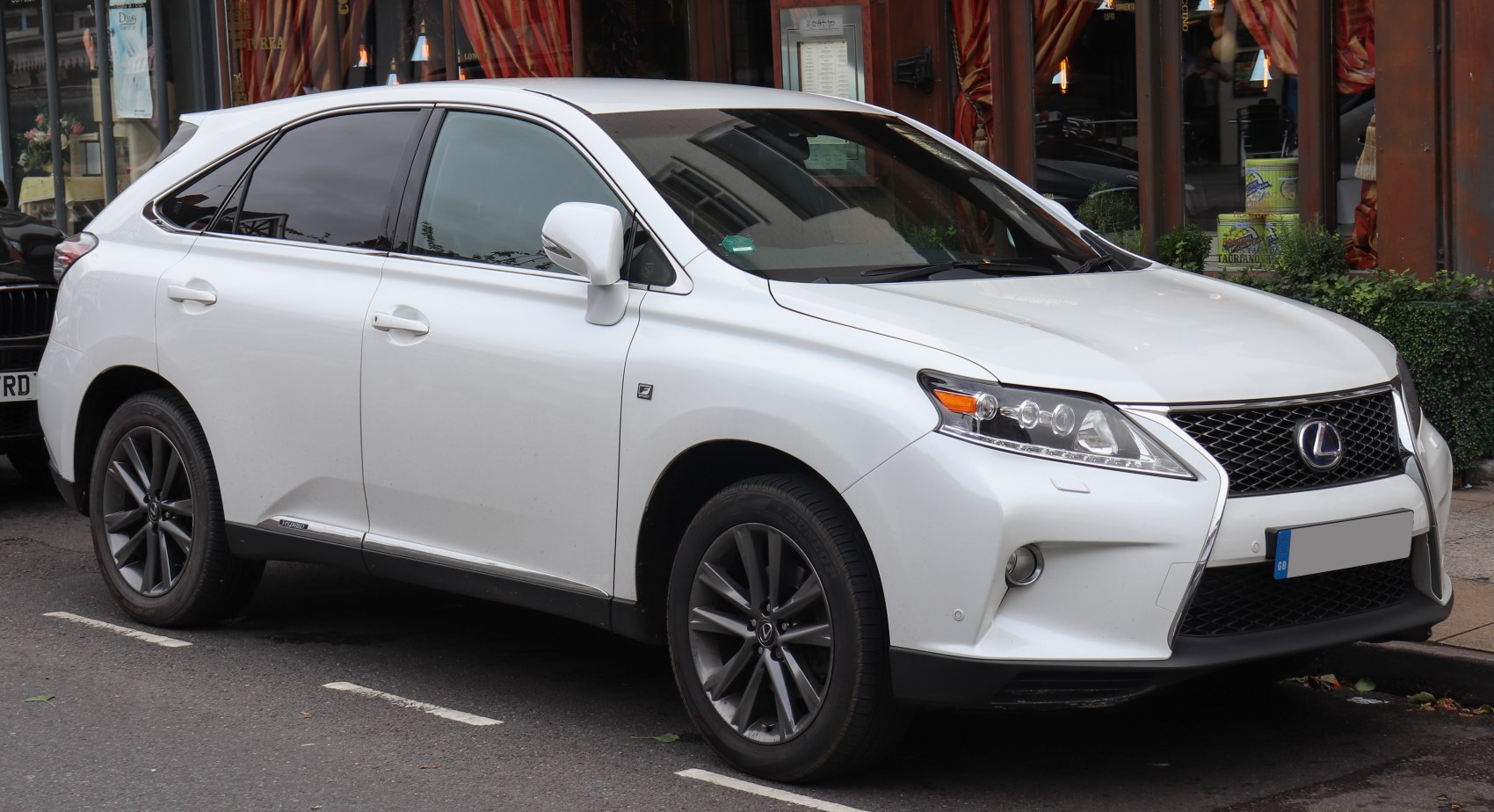 White SUV side profile with front grille and F Sport badge