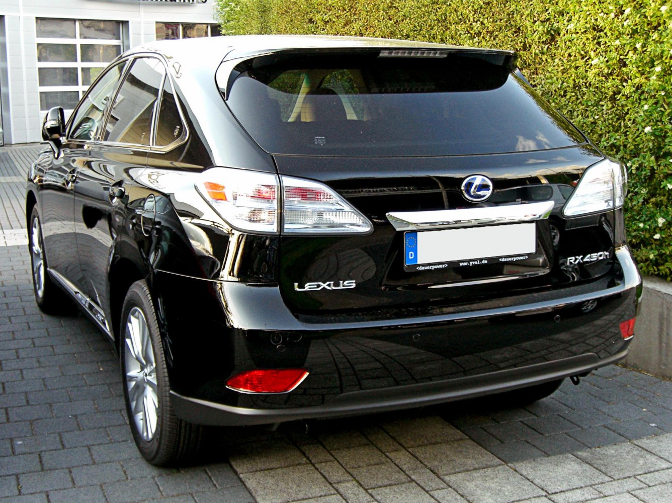 Rear view of black hybrid SUV with tail lamps and rear window