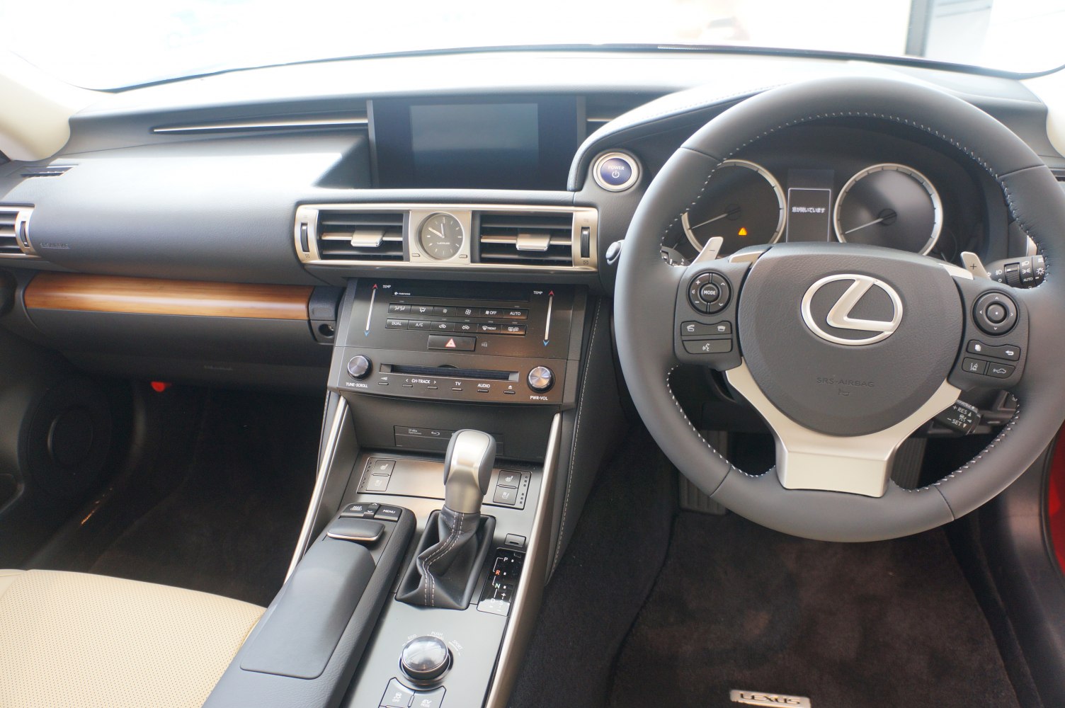 Steering wheel and central console with gear shift and infotainment panel
