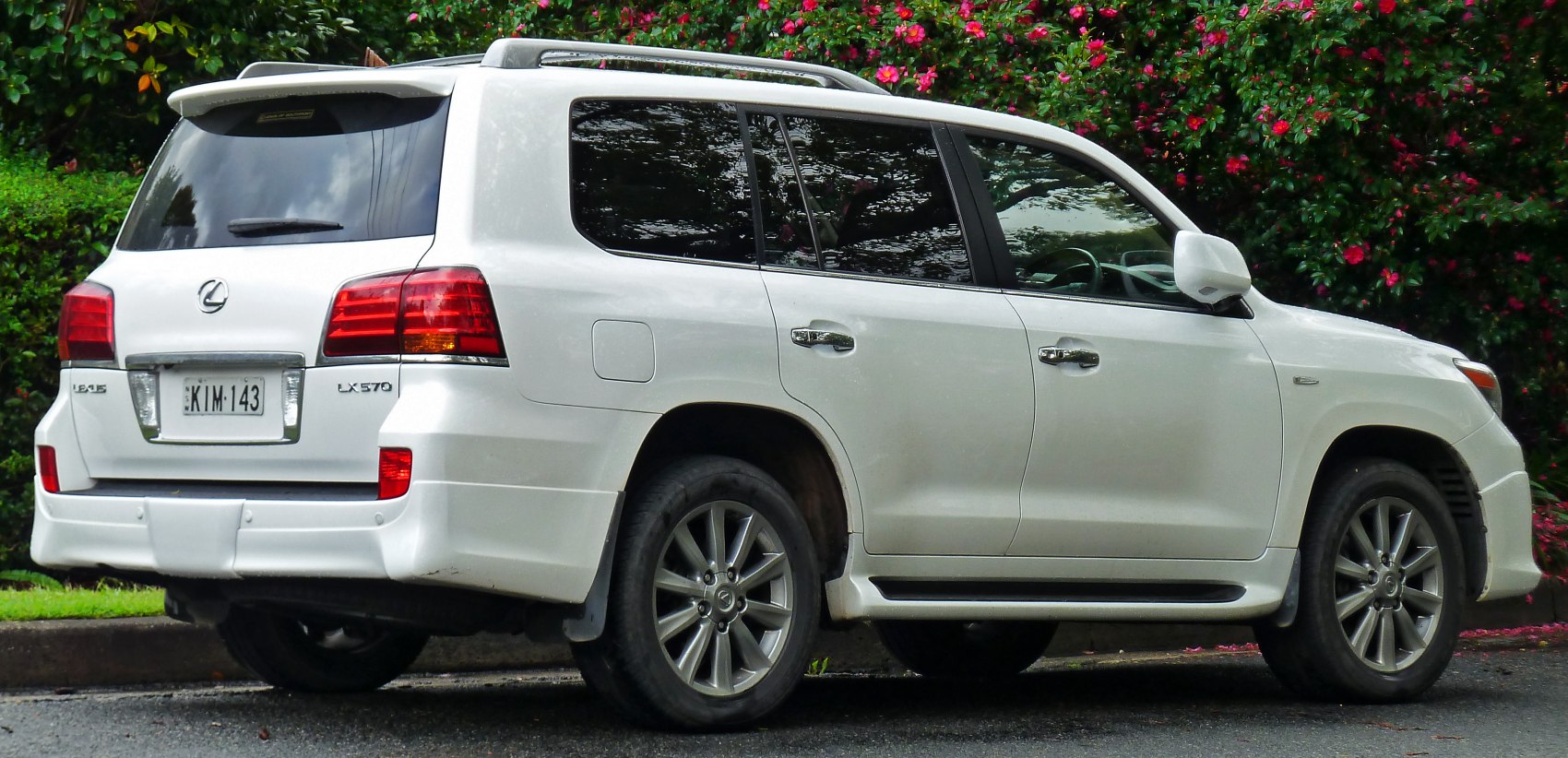Rear-side view of SUV with alloy wheels and roof rails