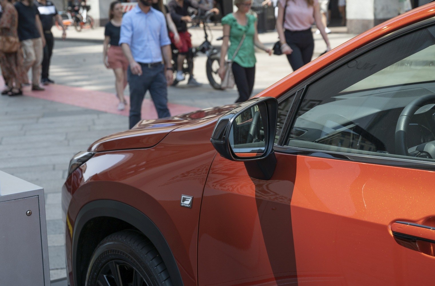 Side mirror and F Sport badge on SUV front fender