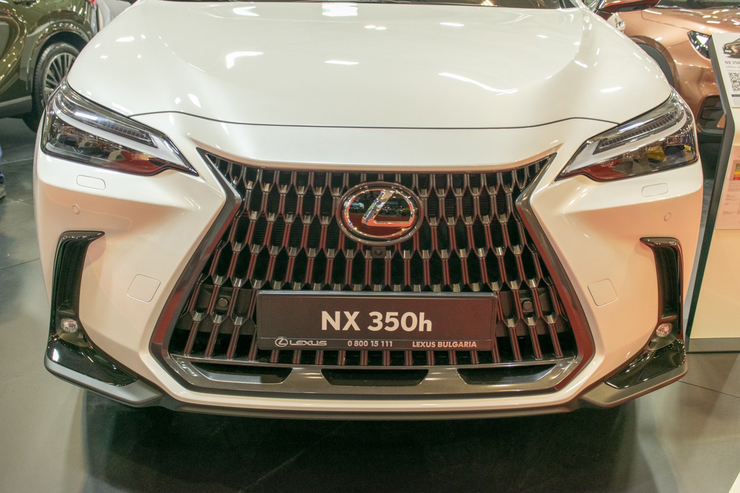 Close-up of aggressive front grille and sleek LED headlights.
