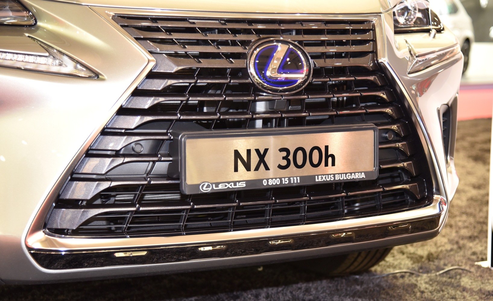 Close-up of a Lexus NX I 2017 facelift front grille with emblem and license plate.