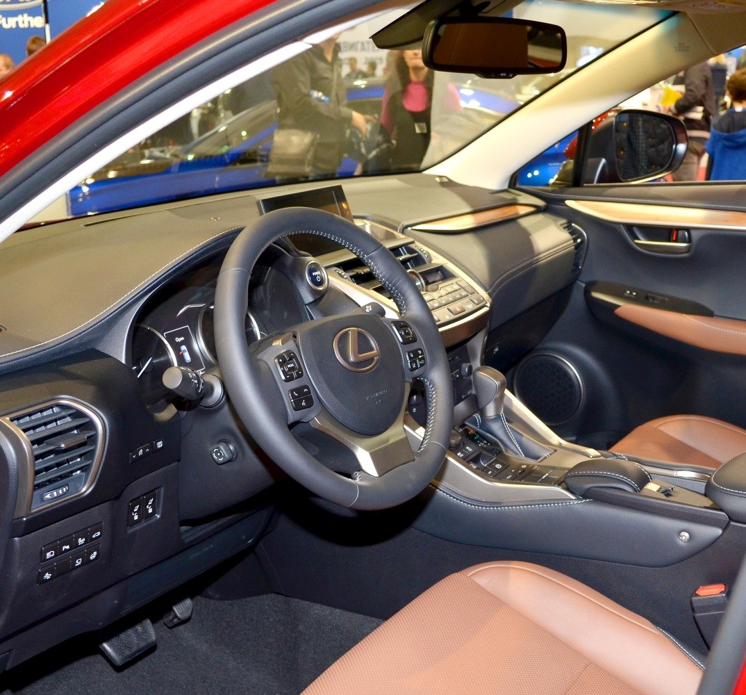 Luxury car interior with dashboard and multifunction steering wheel