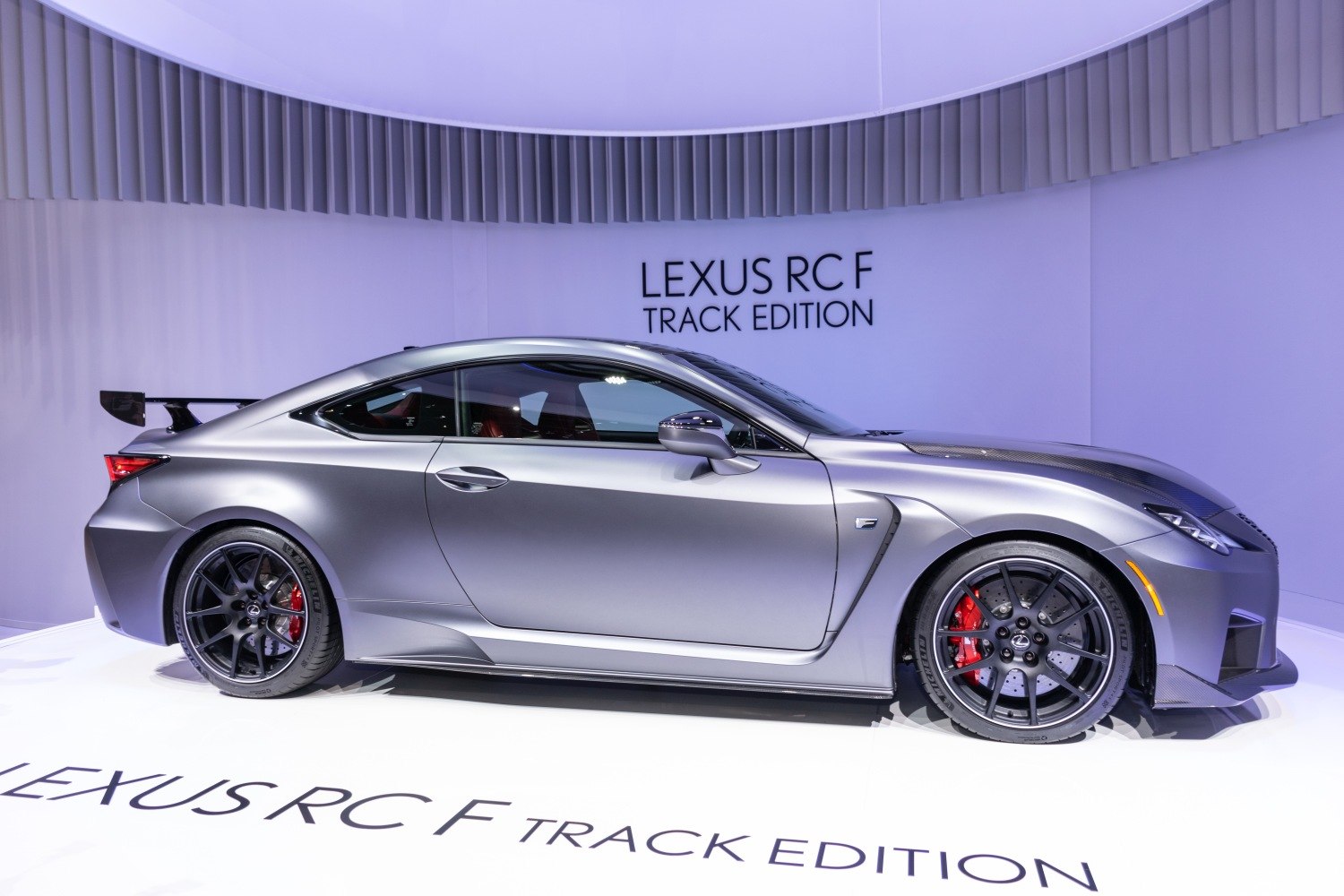 Side profile of a matte finish coupe with carbon fiber hood and rear wing