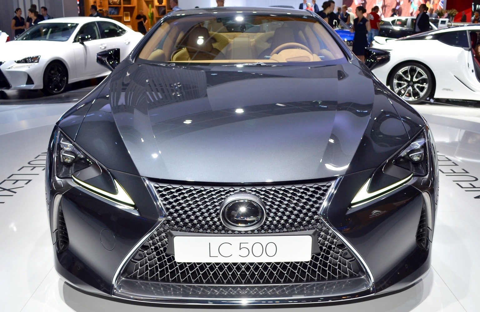 Front view with large mesh spindle grille and sharp LED daytime running lights
