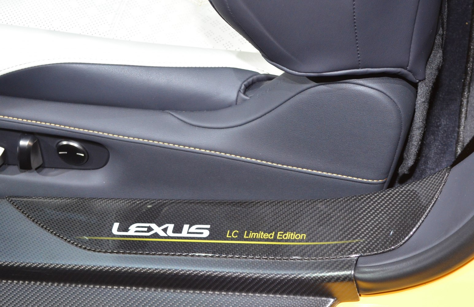 Carbon fiber door sill with Lexus LC Limited Edition branding and luxury leather seat detail
