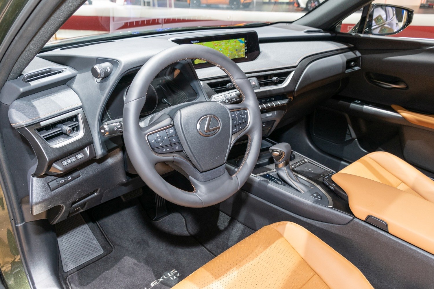 Modern dashboard with navigation display and ergonomic steering wheel