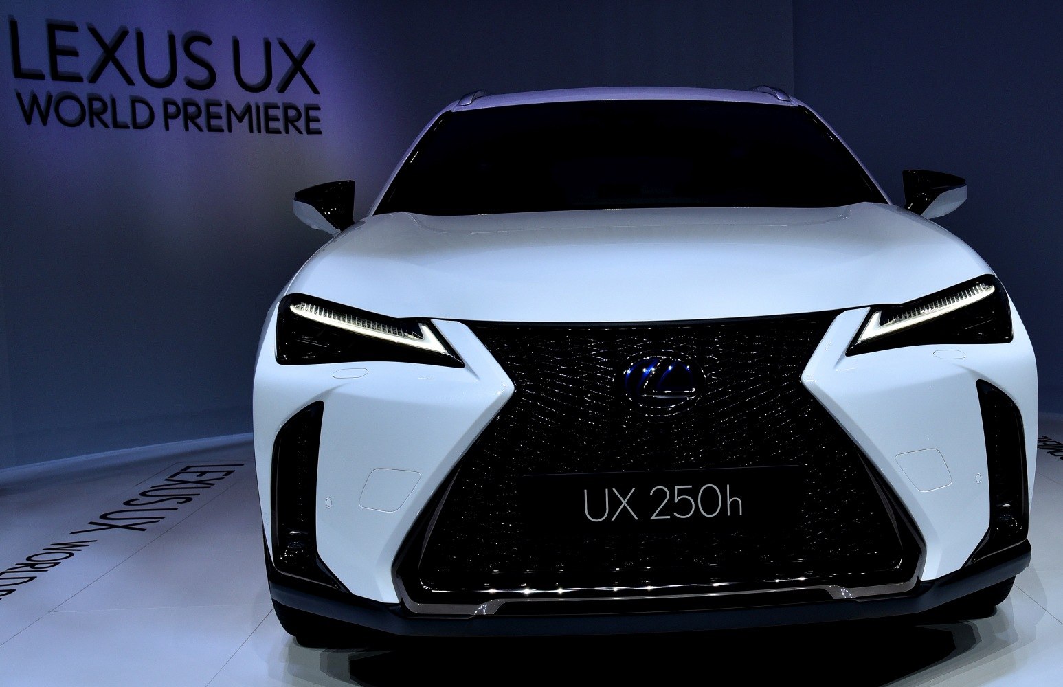 Front grille and angular LED headlights of a modern hybrid vehicle