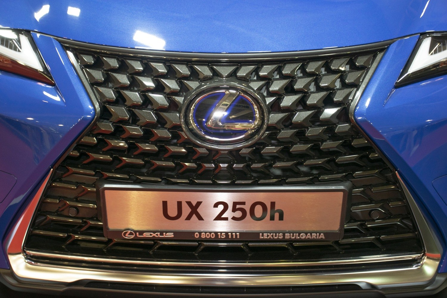 Close-up of a Lexus UX 250h front grille with Lexus emblem and spindle design