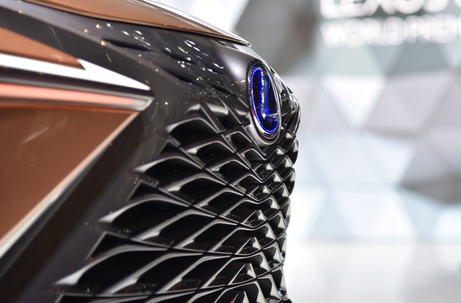Close-up of intricate front grille and illuminated emblem.