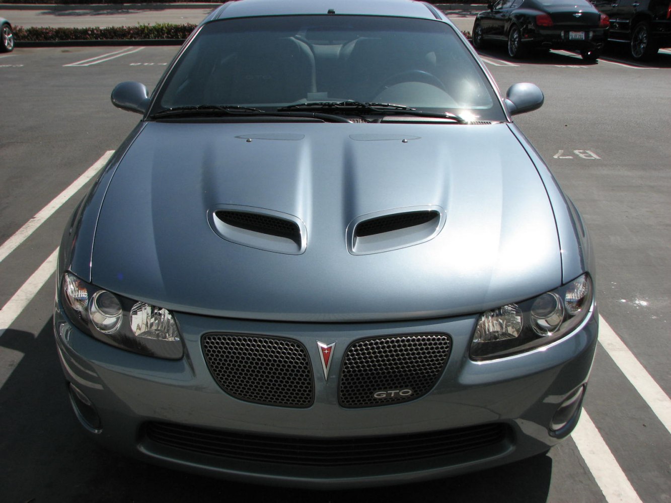 Front view with dual hood scoops and split mesh grille