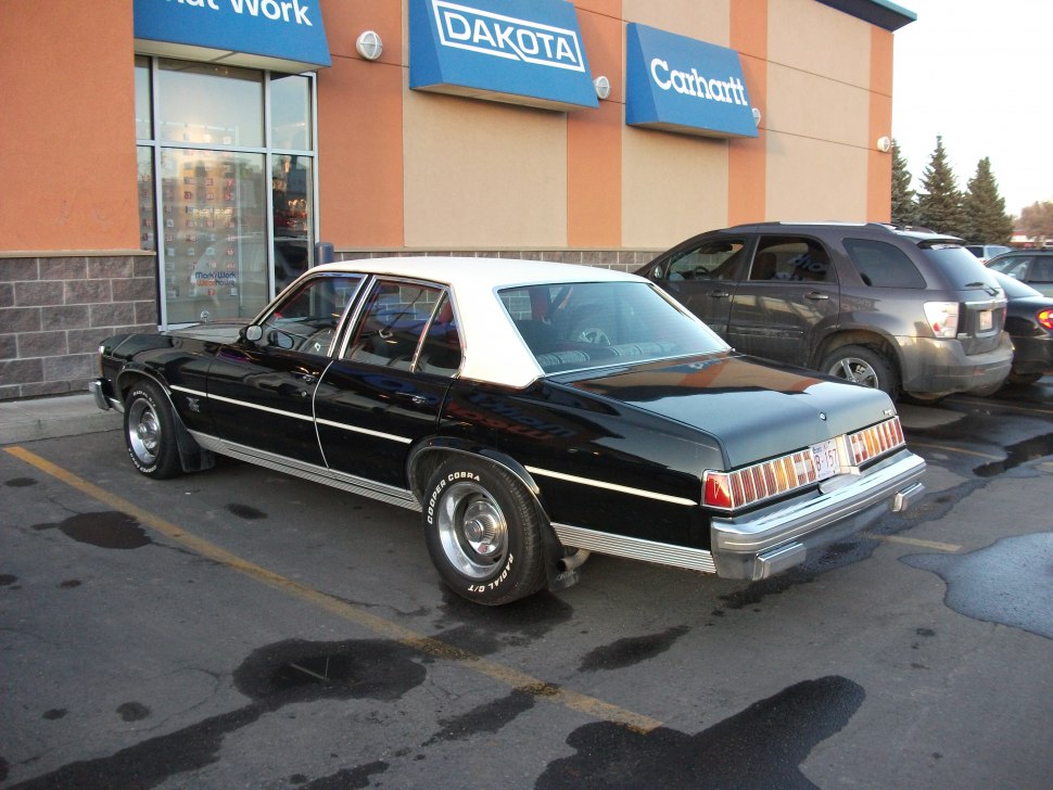 Rear side view of classic sedan with white vinyl roof and detailed tail lights