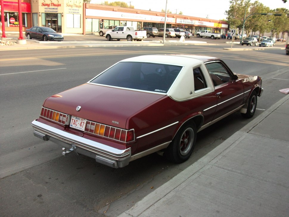 Rear view of a classic coupe with vinyl roof and rectangular tail lights.