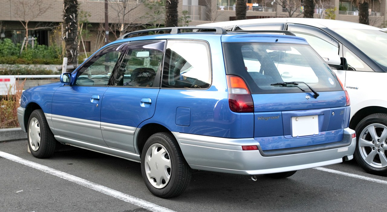 Rear and side view of a vintage blue wagon with classic design and roof rails