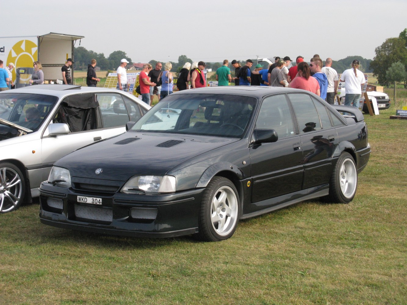 Black four-door sedan with hood vents and custom wheels on grass field