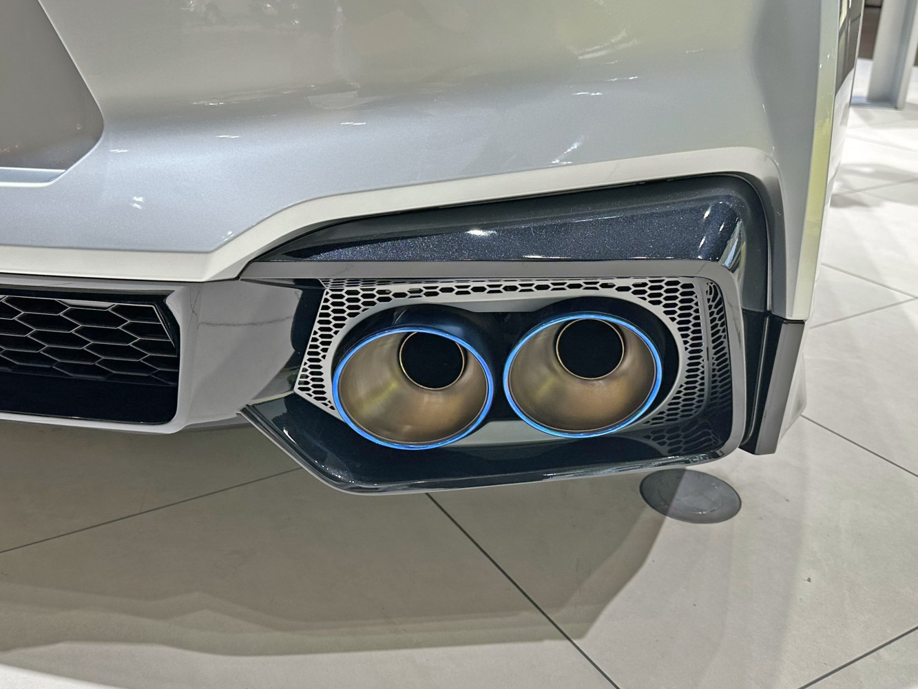 Dual exhaust tips with mesh diffuser on rear bumper