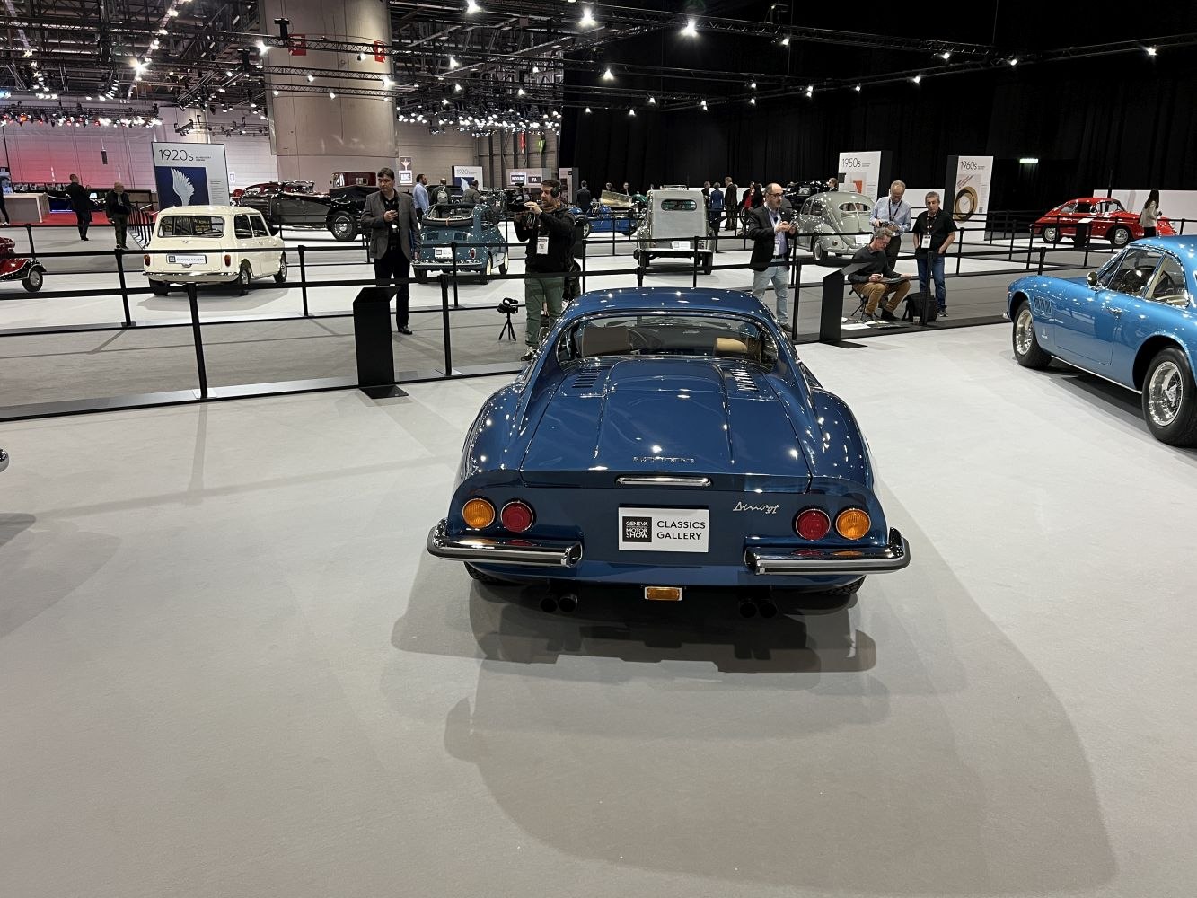 Rear view of classic vintage sports car with distinct tail lights and sleek curves