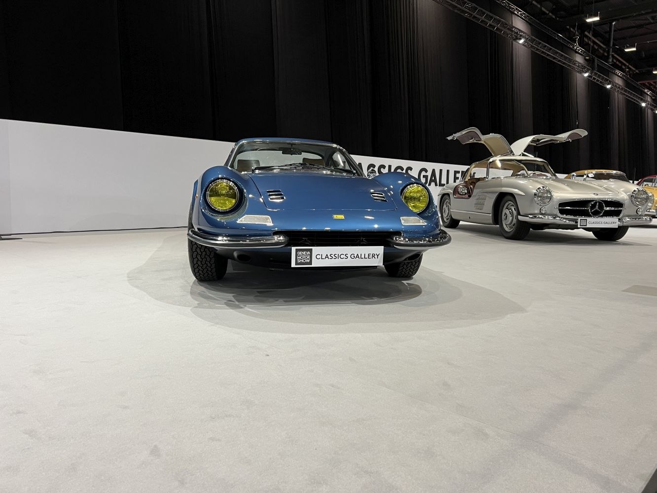 Classic 1969 sports car front view with yellow headlights and aerodynamic shape