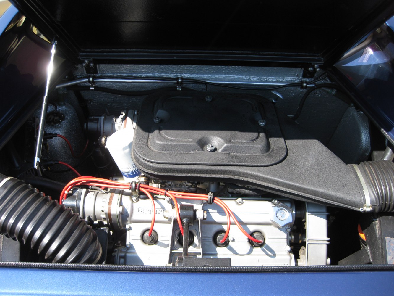 Close-up of mid-engine bay with visible V8 and intake components