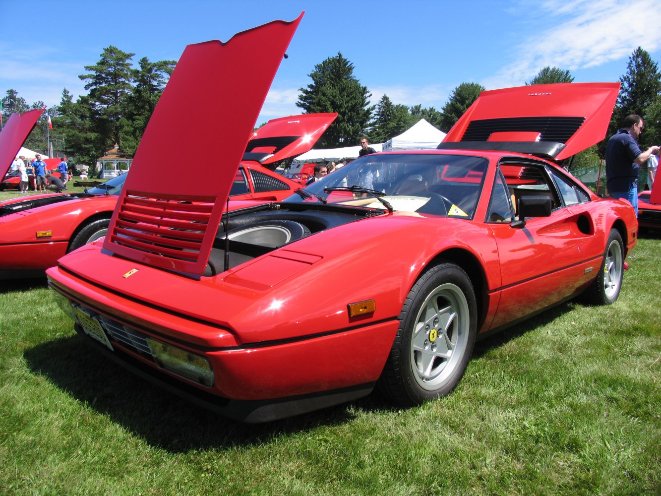 Red sports car with open front and rear engine hoods, silver five-spoke wheels