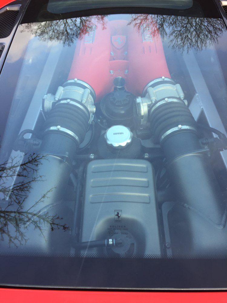 Mid-engine V8 with red intake manifolds under glass cover