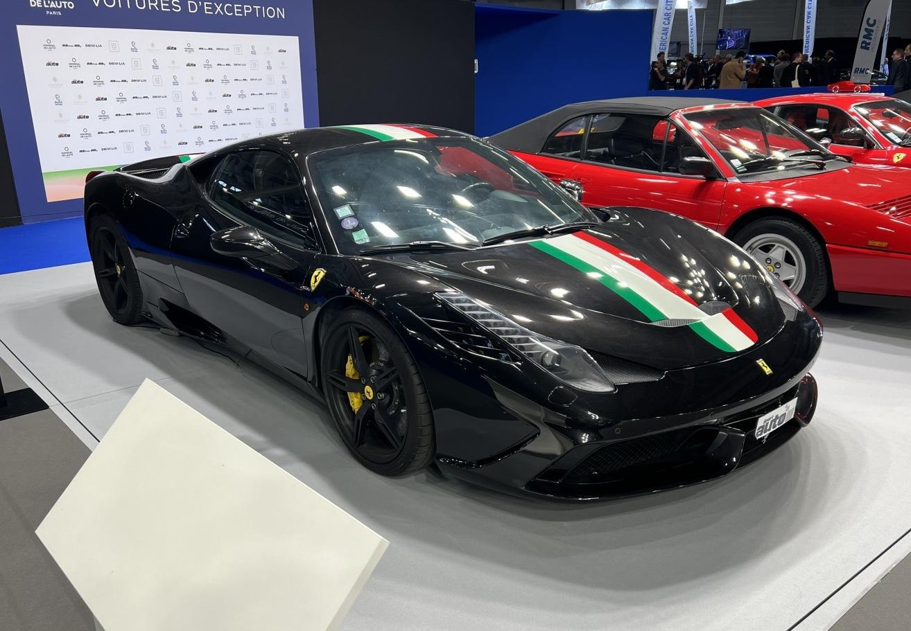 Black Ferrari 458 Speciale with Italian tricolor stripe and aerodynamic details