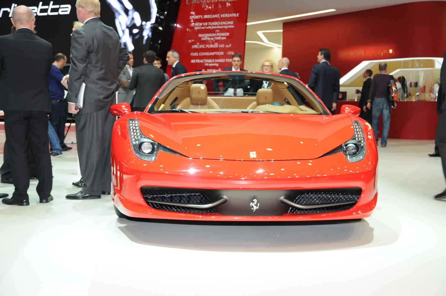 Front view of red convertible sports car with sharp headlights
