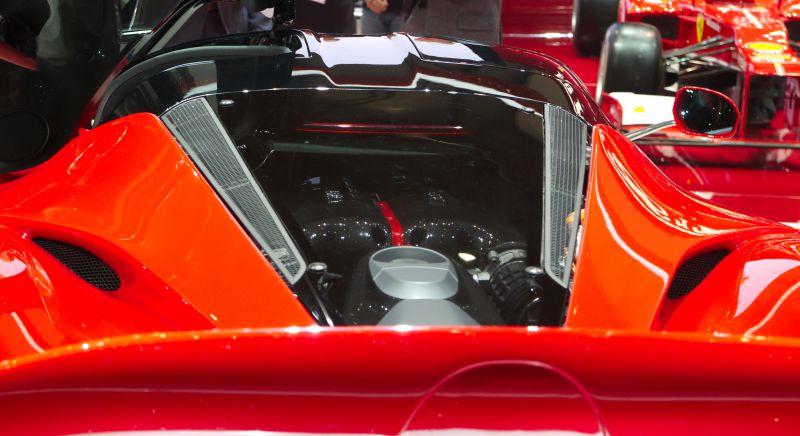 Close-up of rear engine bay and aerodynamic design.