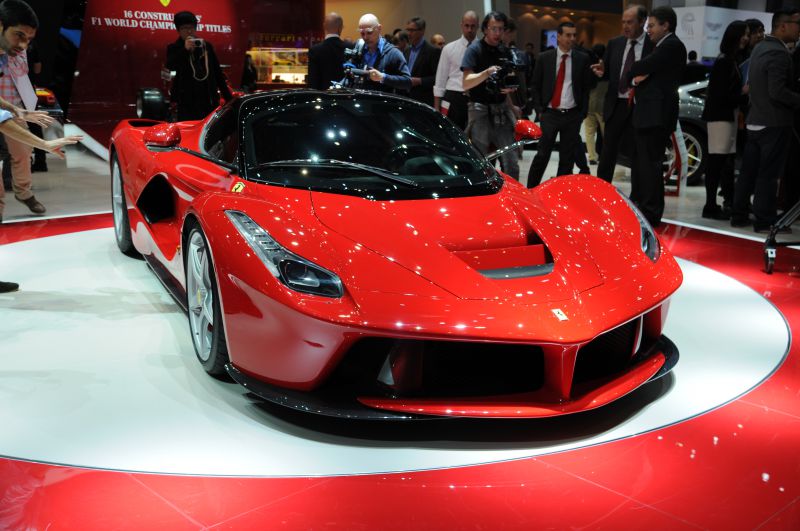 Front view of red Ferrari LaFerrari with aerodynamic and aggressive styling