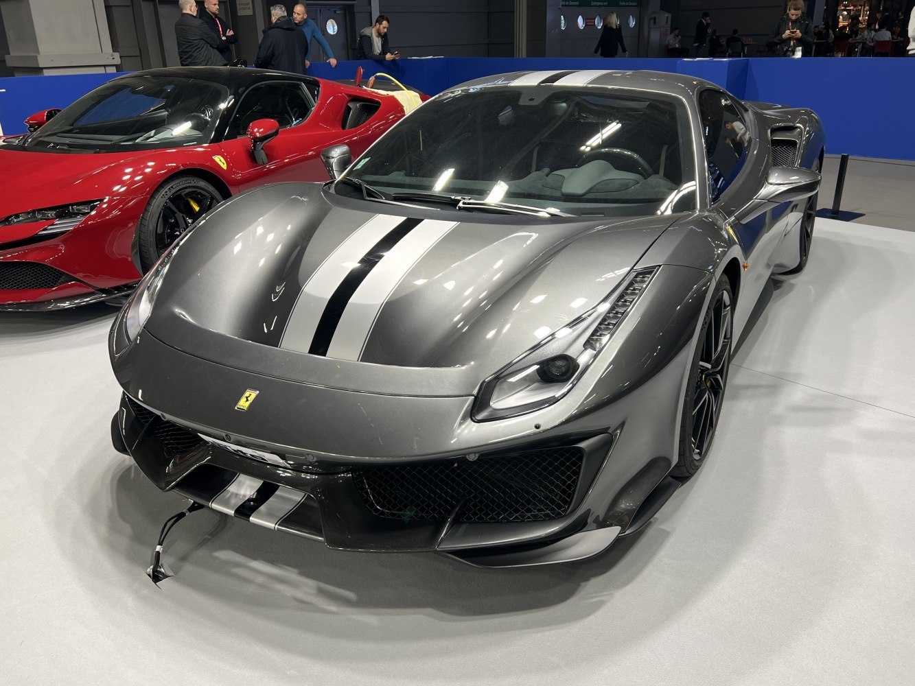 Aerodynamic front end with racing stripes and sleek headlights