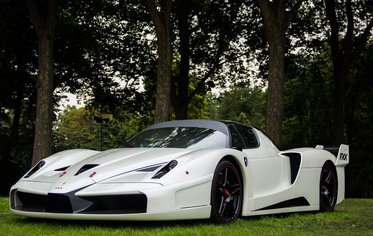 White Ferrari FXX with aerodynamic low front, sleek roof, and detailed wheels