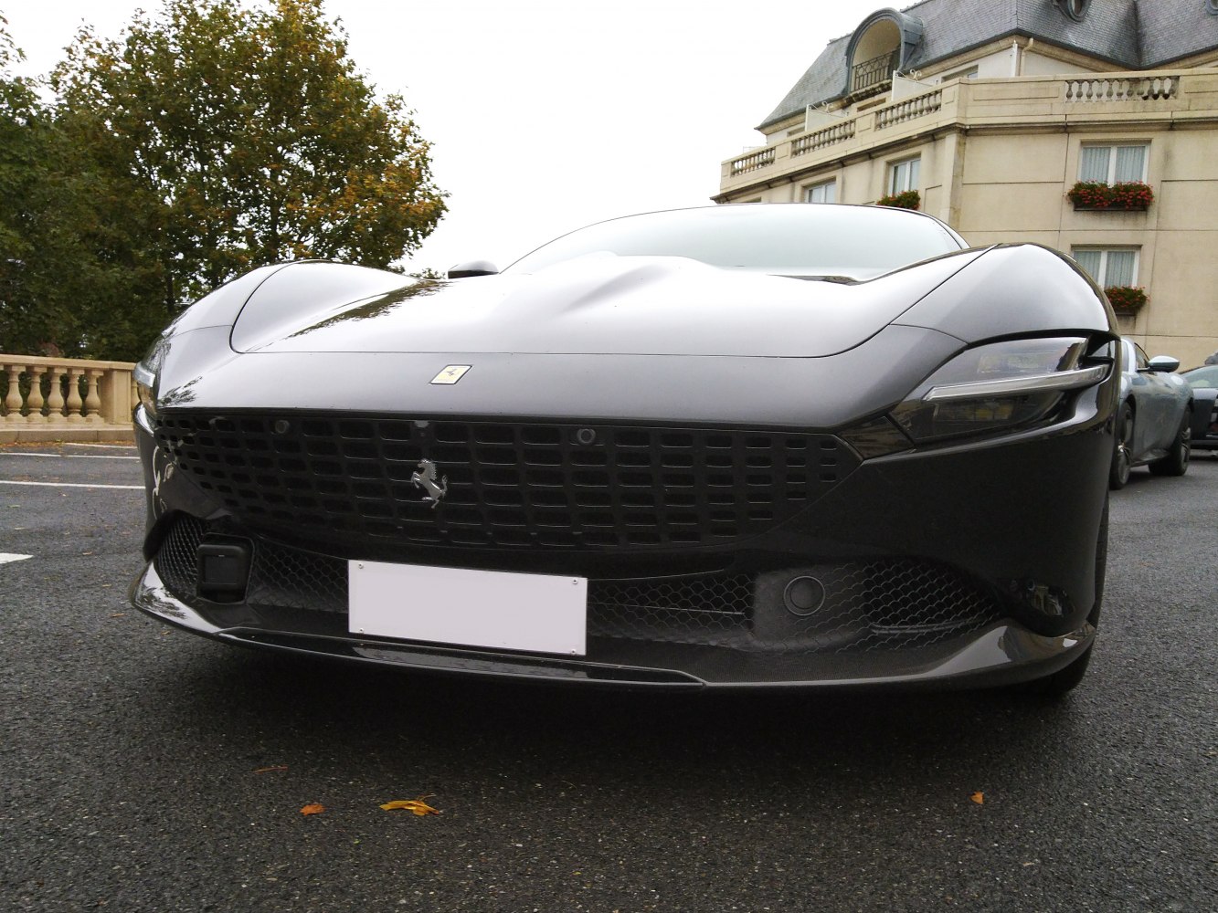 Close-up of grille and headlight design of modern sports car front.