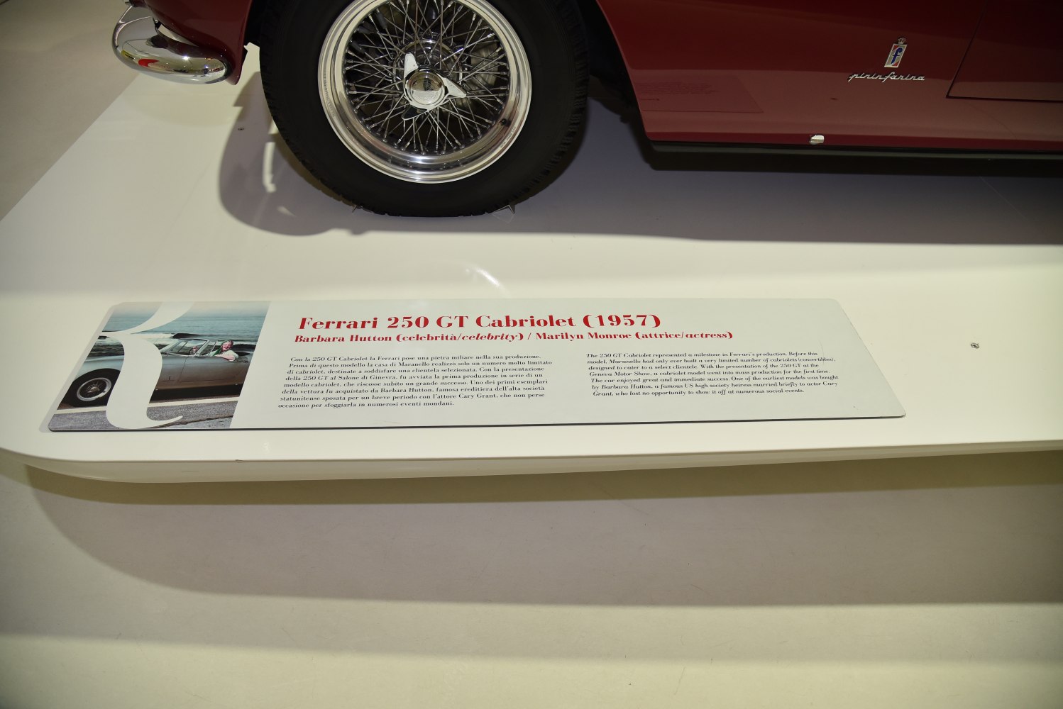 Wire spoke wheel and Pininfarina badge on vintage cabriolet