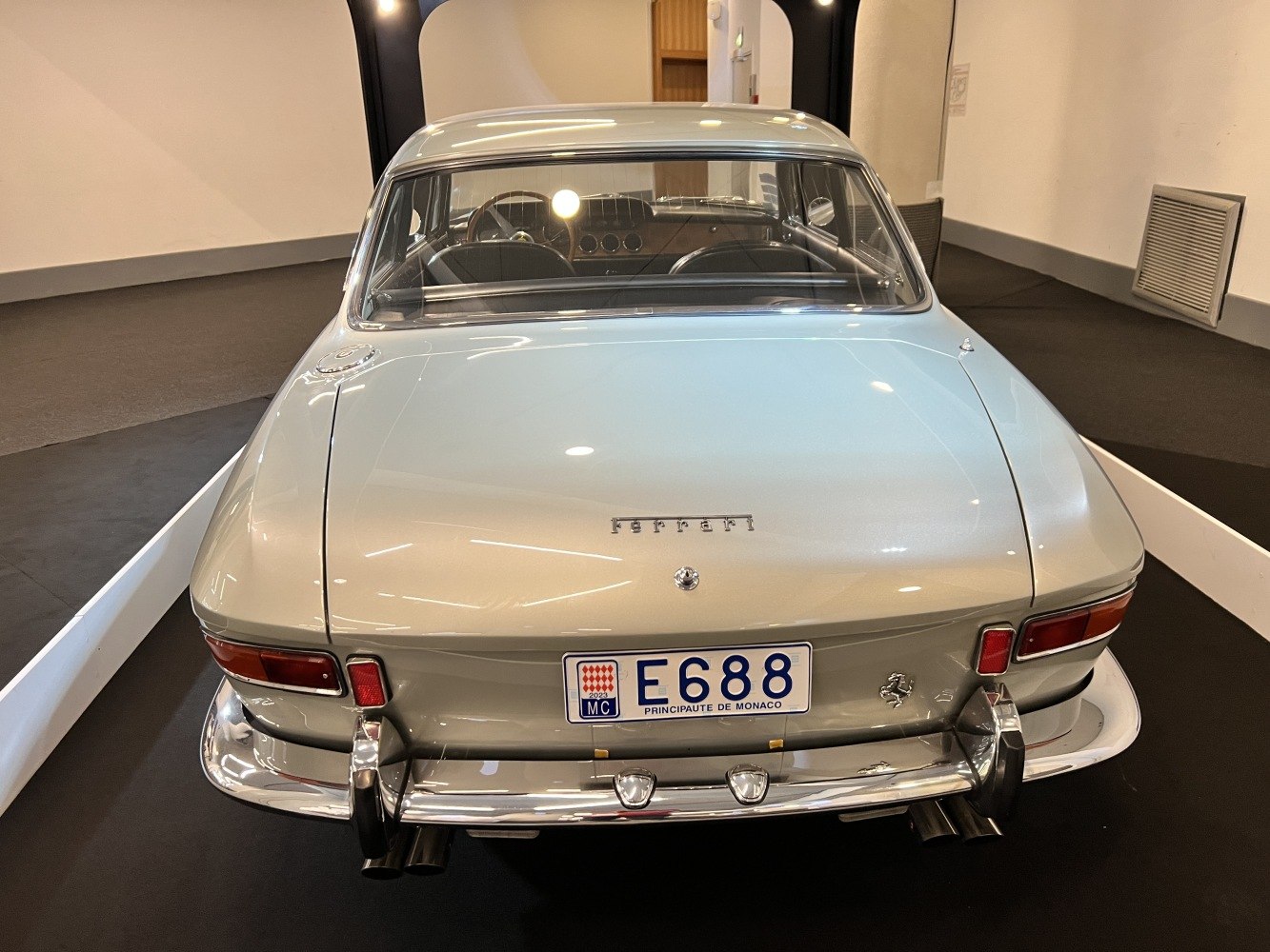 Classic rear view with distinctive taillights and chrome bumper
