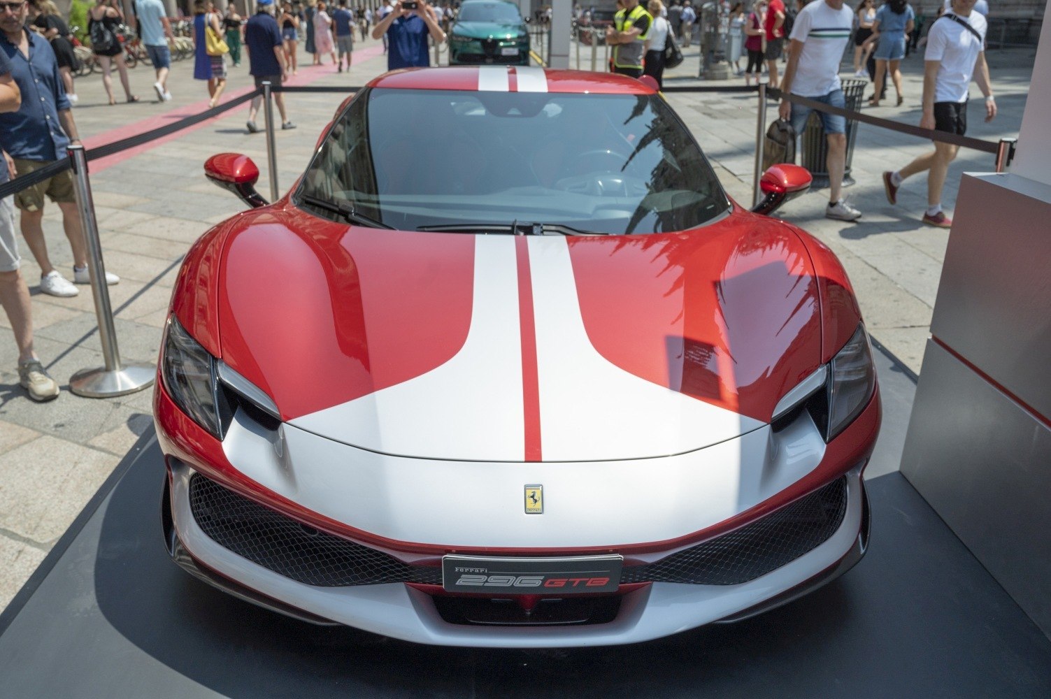 Front view with sharp headlights and racing stripes