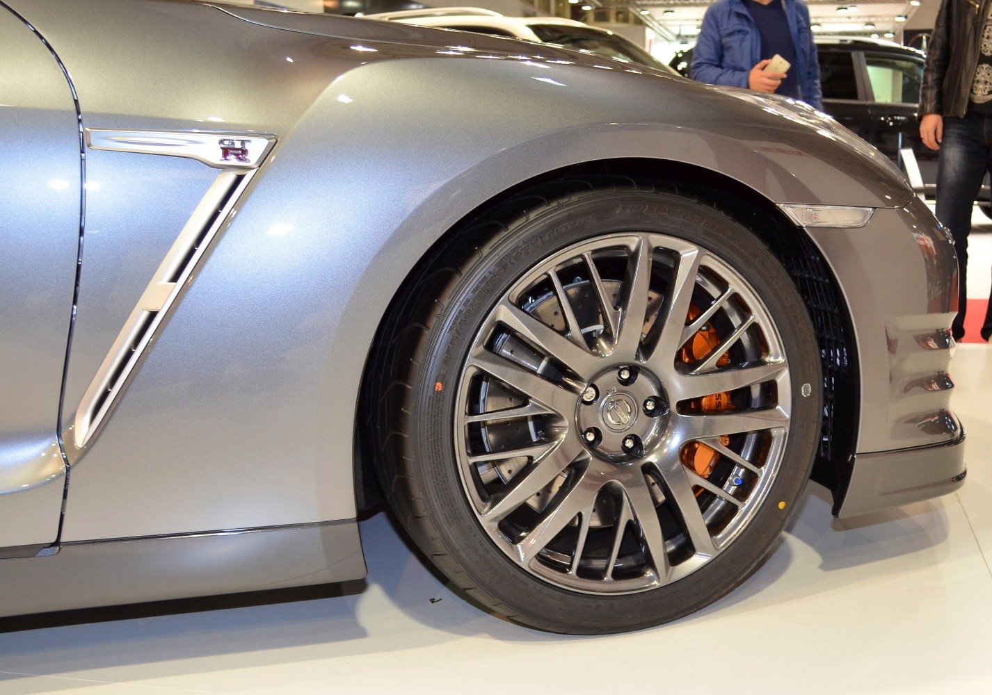 Front wheel with multi-spoke alloy rim and fender vent detailing