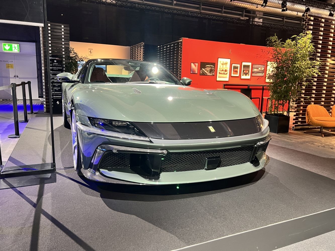 Front view of sleek sports car with aerodynamic bumper and sharp headlights